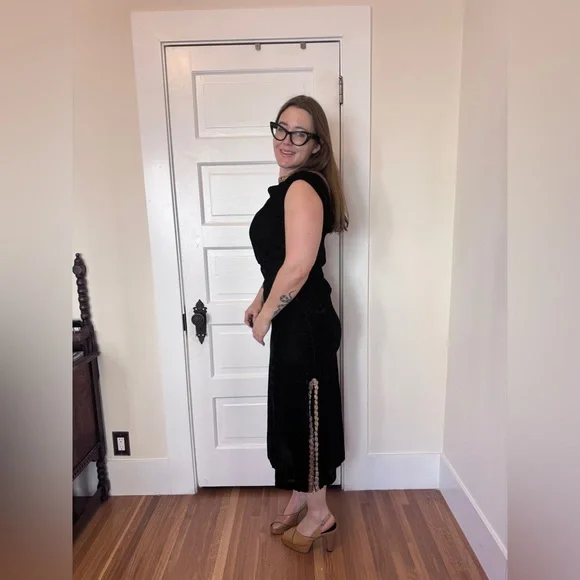 70s Vintage Black Velvet Column Dress w Side Slits and Gold Sequin Details Sz M - Picture 2 of 7